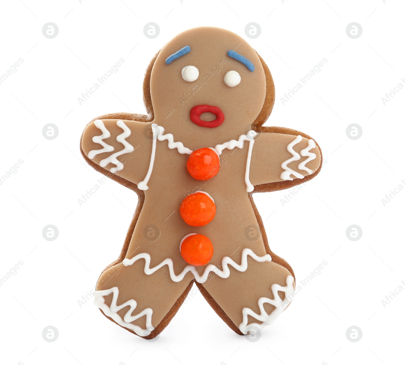 Photo of Gingerbread man isolated on white. Delicious Christmas cookie