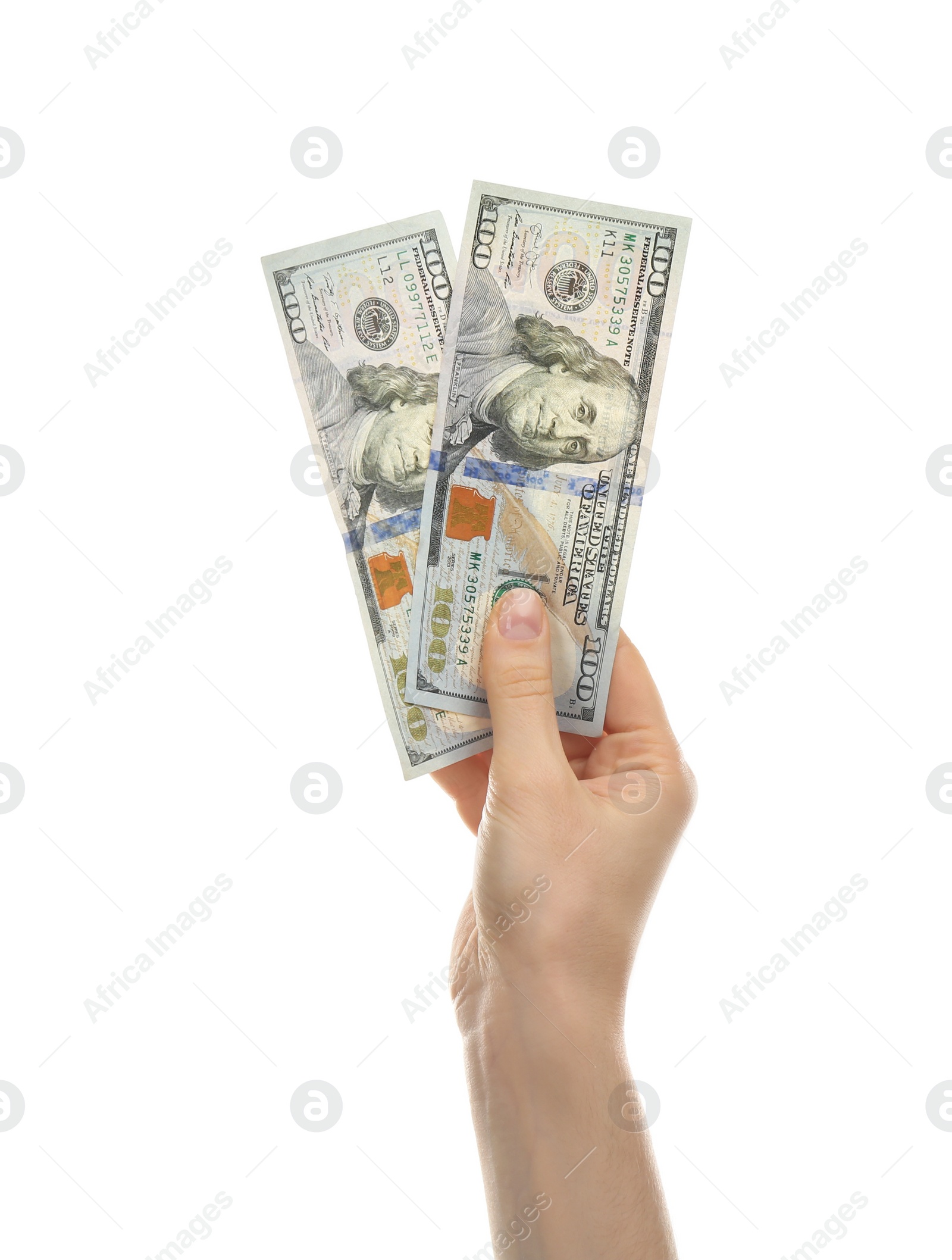 Photo of Woman with money on white background, closeup