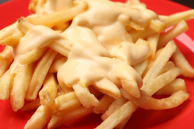 Delicious french fries with cheese sauce on plate, closeup