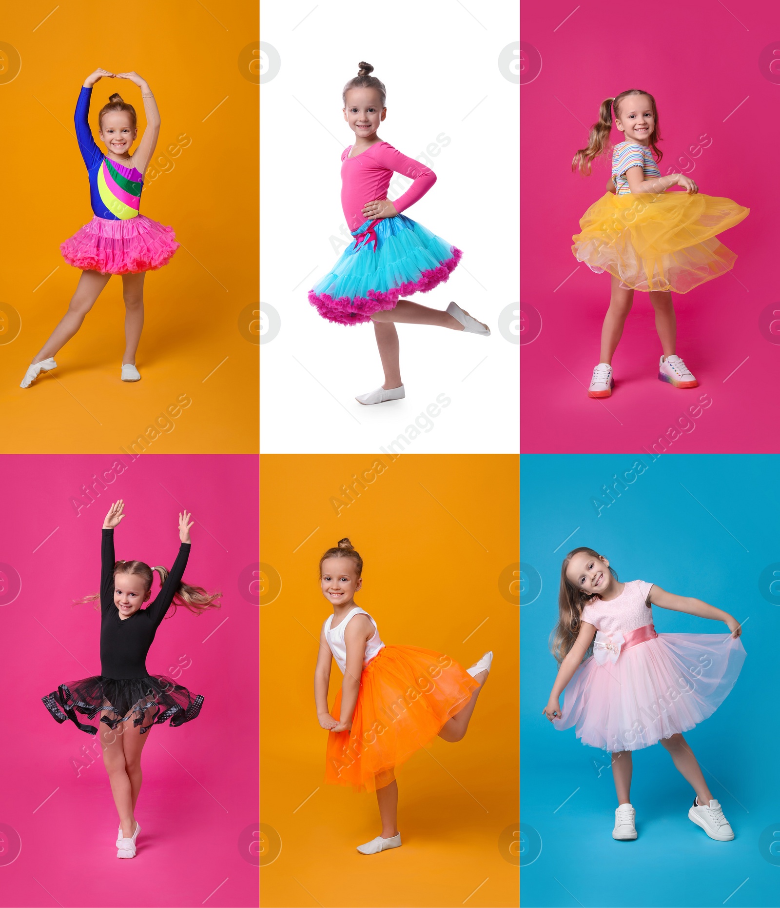 Image of Collage with photos of cute little girl dancing on different color backgrounds