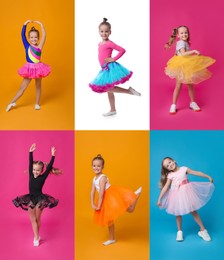 Image of Collage with photos of cute little girl dancing on different color backgrounds