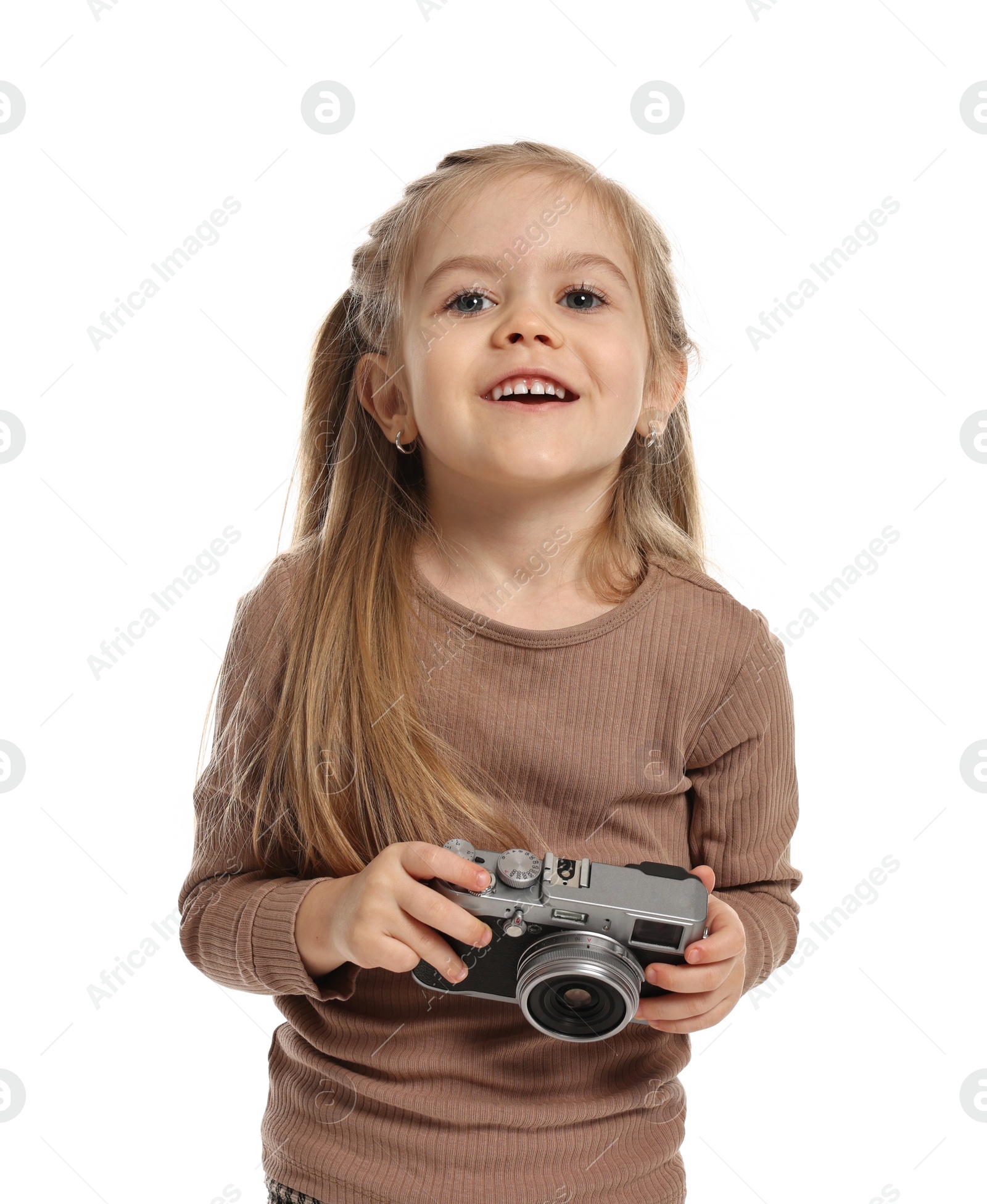 Photo of Fashion concept. Stylish girl with camera on white background