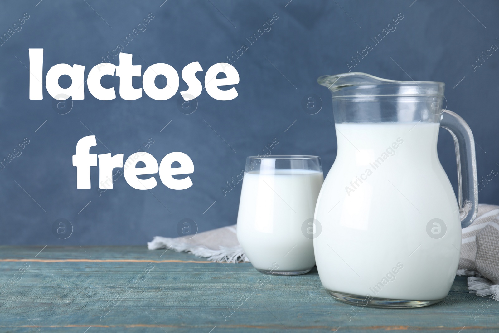 Image of Fresh lactose free milk on blue wooden table