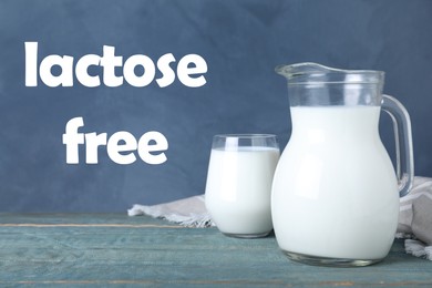 Fresh lactose free milk on blue wooden table