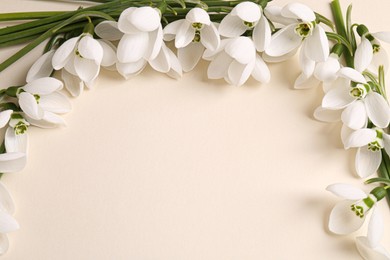 Photo of Beautiful snowdrops on beige background, closeup. Space for text