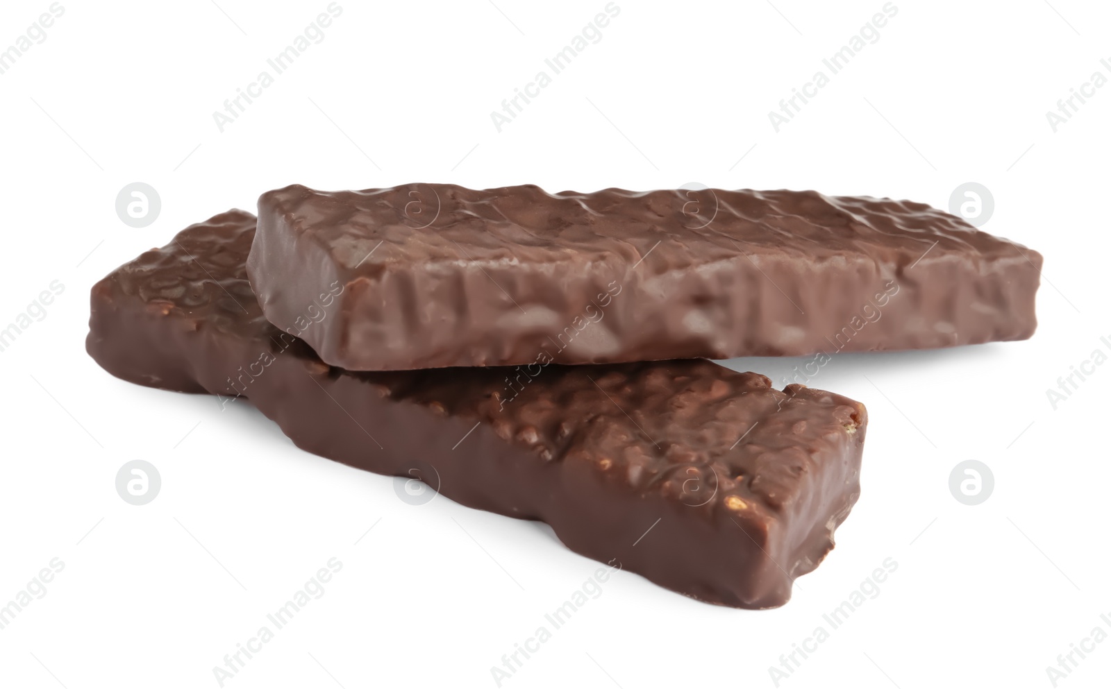 Photo of Tasty chocolate glazed protein bars on white background. Healthy snack