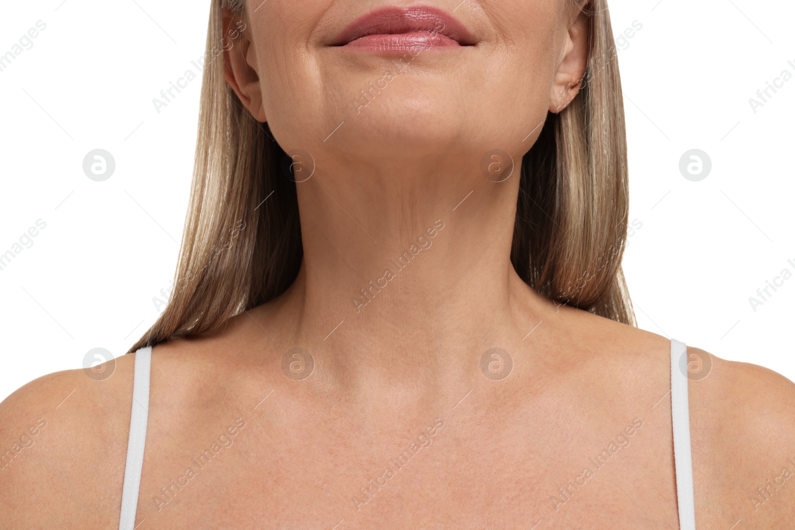 Photo of Mature woman with healthy skin on white background, closeup