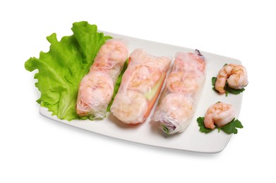 Photo of Delicious spring rolls with shrimps wrapped in rice paper on white background