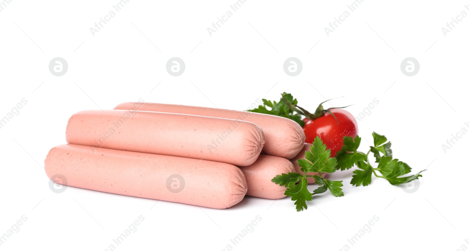 Photo of Raw vegetarian sausages with tomato and parsley on white background