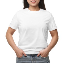 Photo of Woman wearing stylish t-shirt on white background, closeup