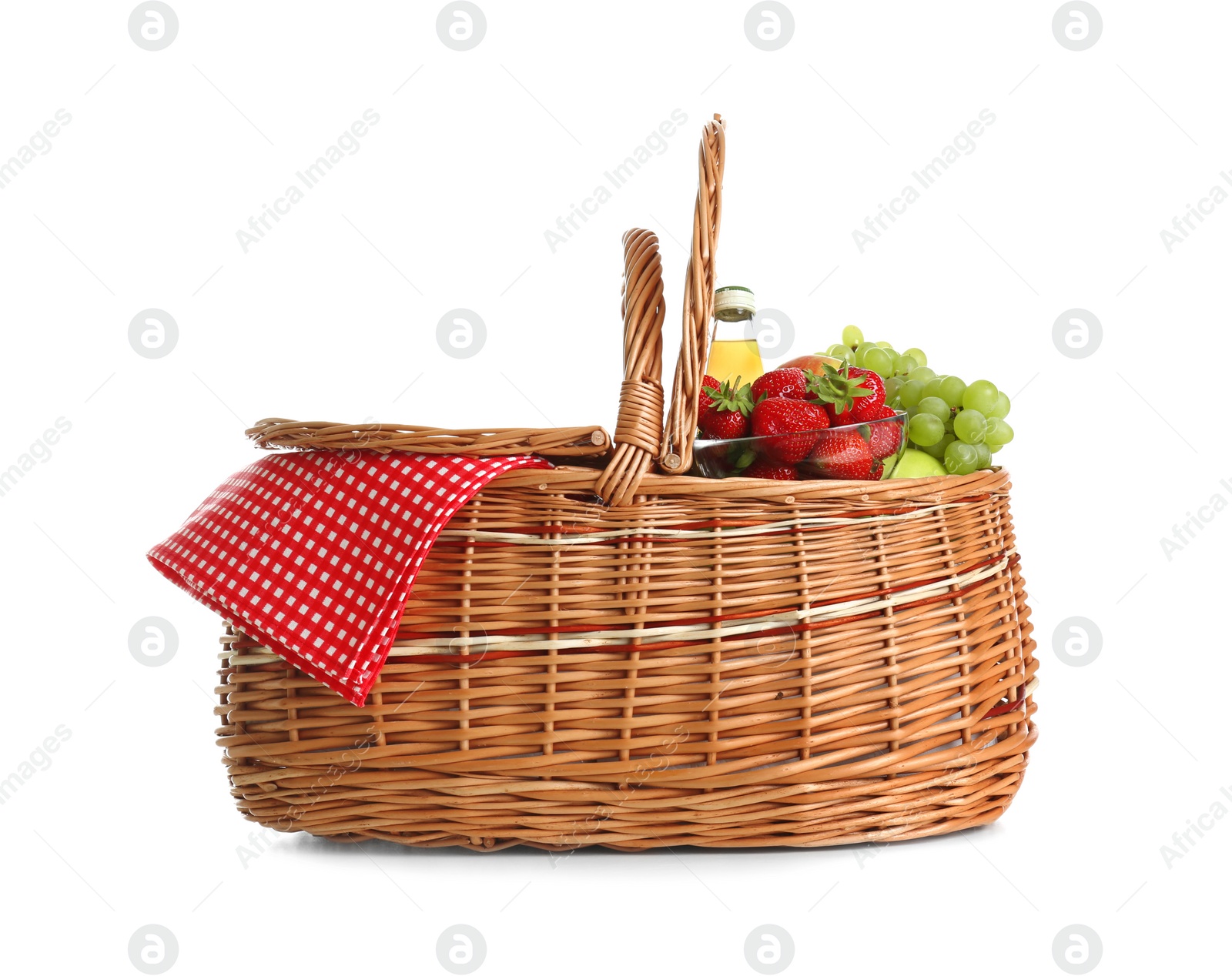 Photo of Picnic basket with fruits and lemonade isolated on white