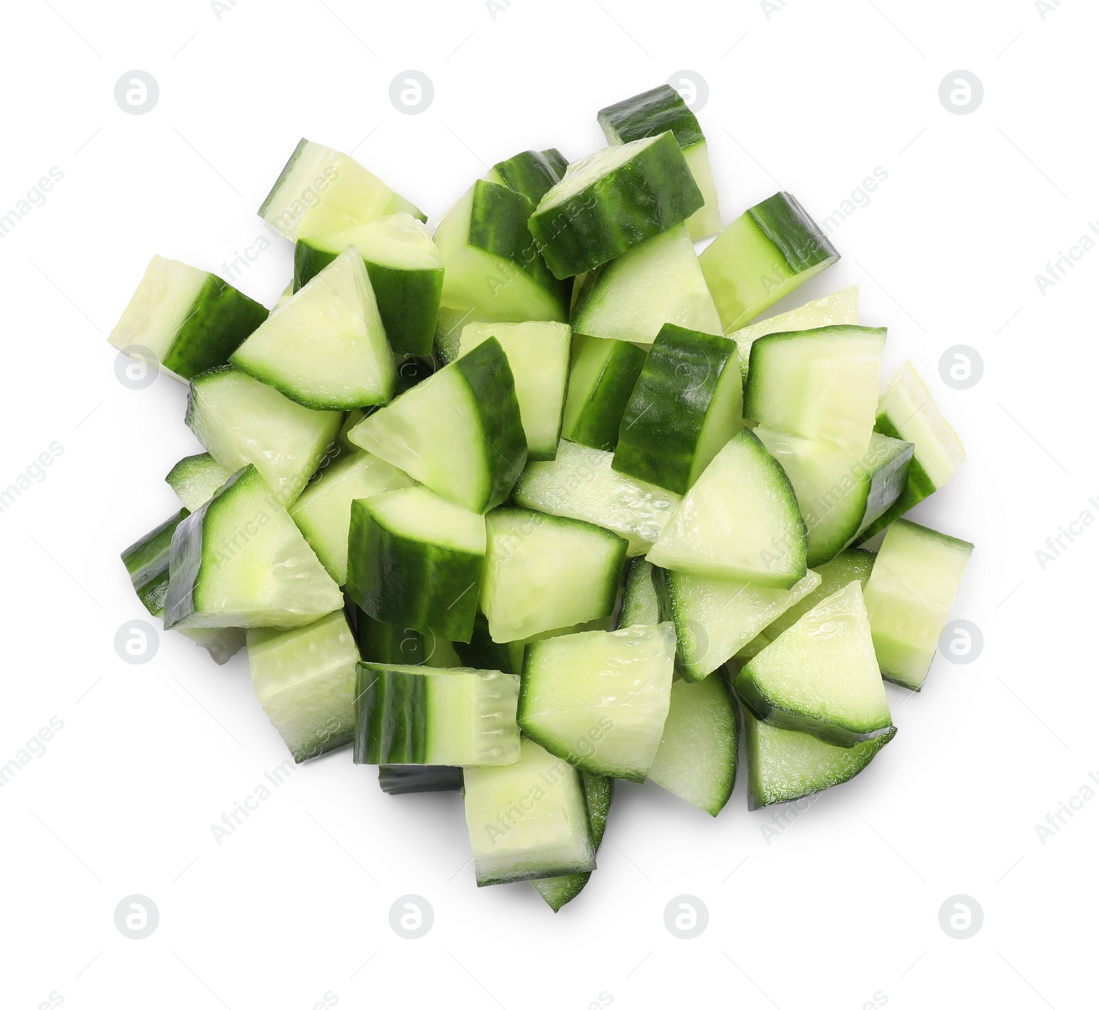 Photo of Pile of fresh cut cucumber isolated on white, top view