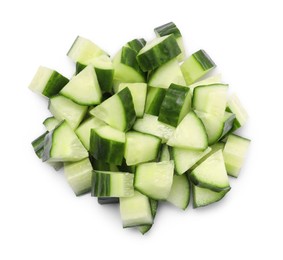 Photo of Pile of fresh cut cucumber isolated on white, top view