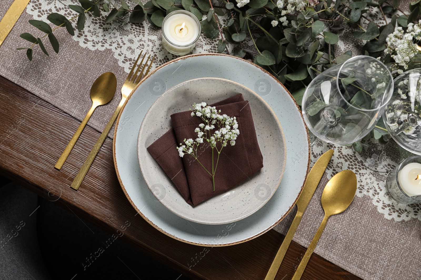 Photo of Stylish elegant table setting for festive dinner, flat lay