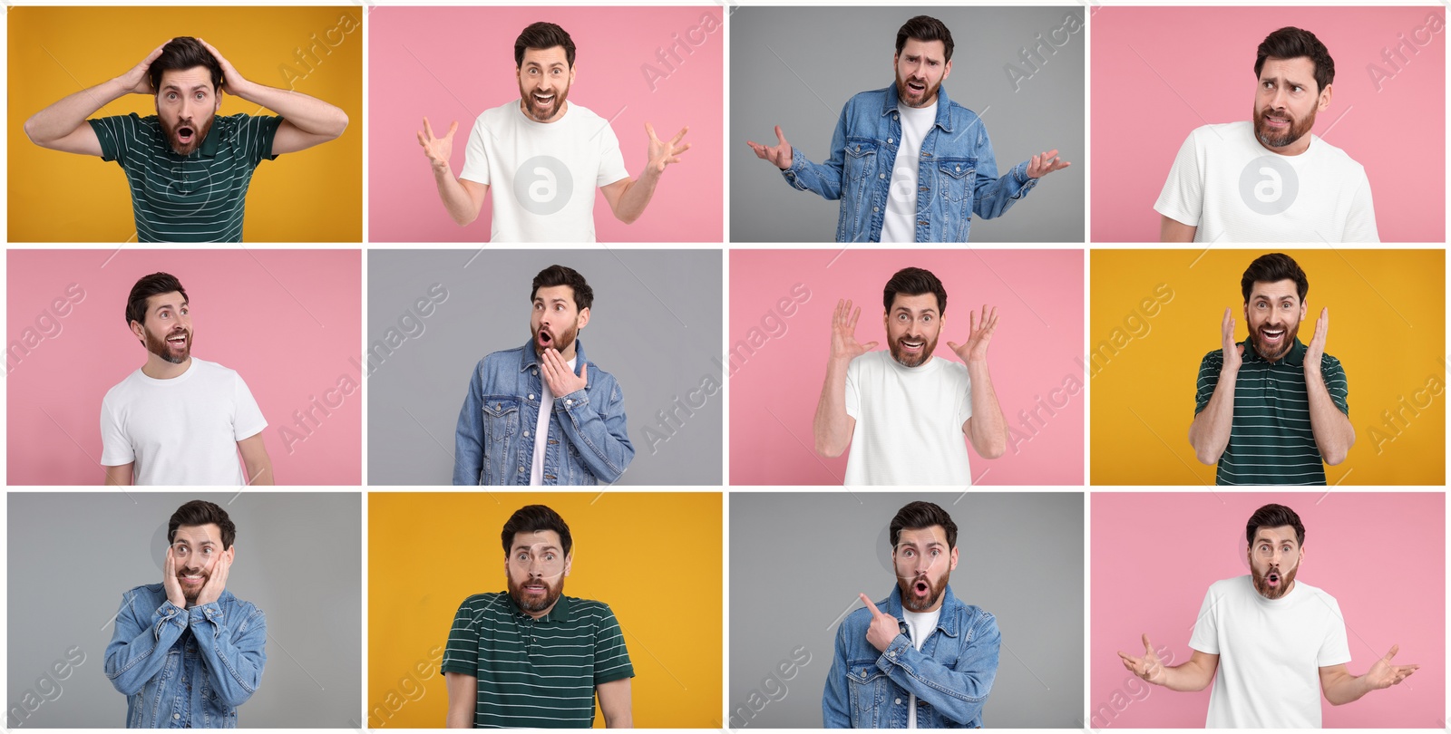 Image of Collage with photos of surprised man on different color backgrounds