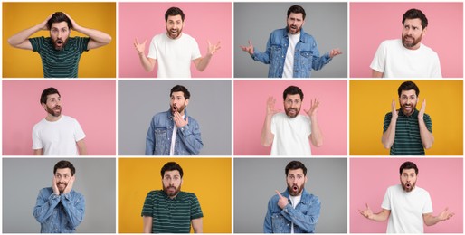 Image of Collage with photos of surprised man on different color backgrounds
