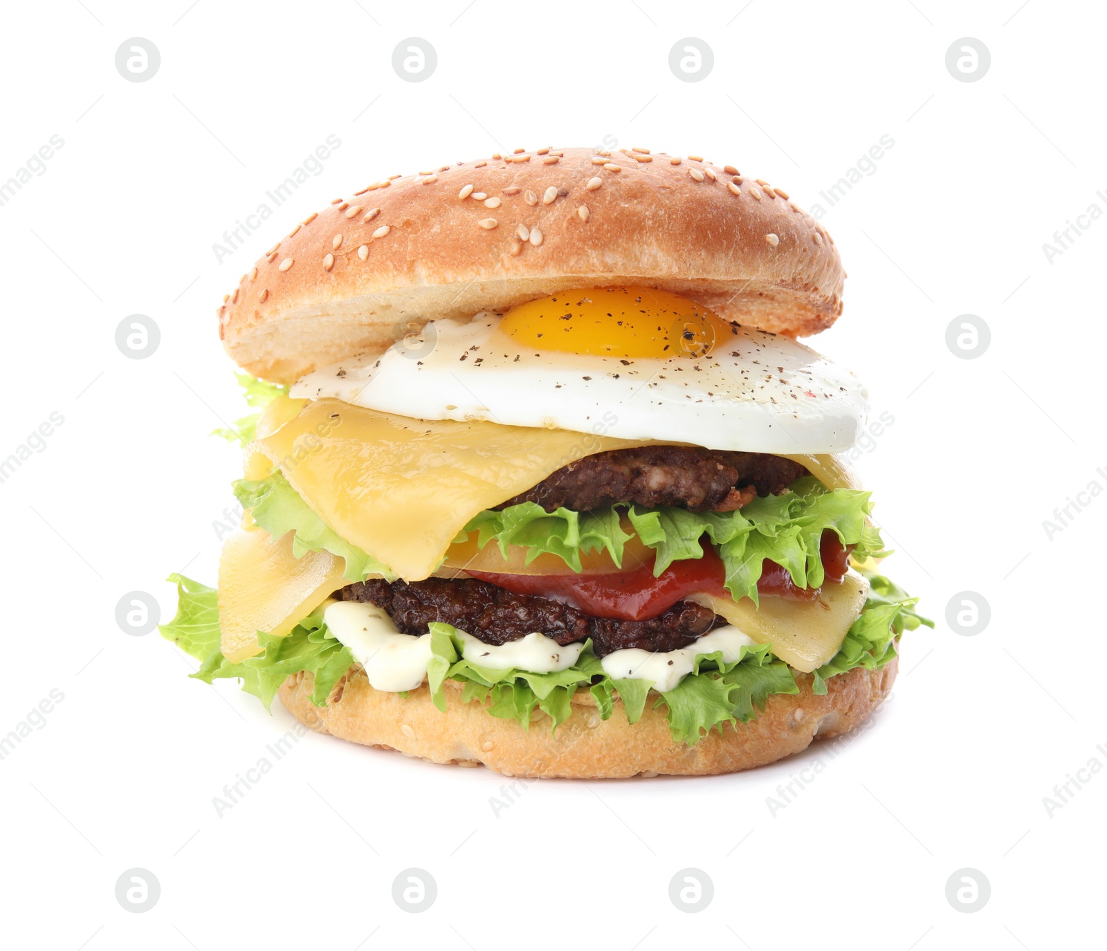 Photo of Tasty burger with fried egg on white background