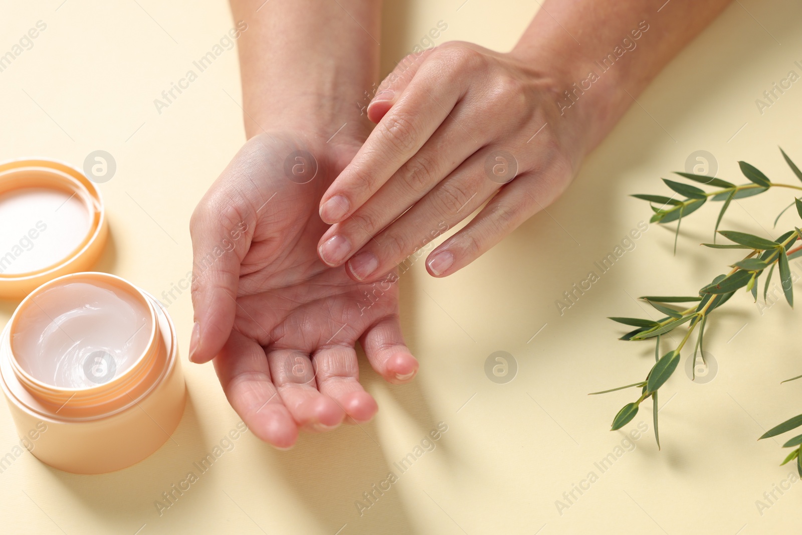 Photo of Woman with jar of hand cream and green twigs on beige background, closeup