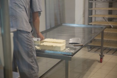 Worker with fresh cheese at modern factory, closeup