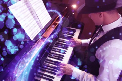 Image of Man playing piano indoors, above view. Bokeh effect