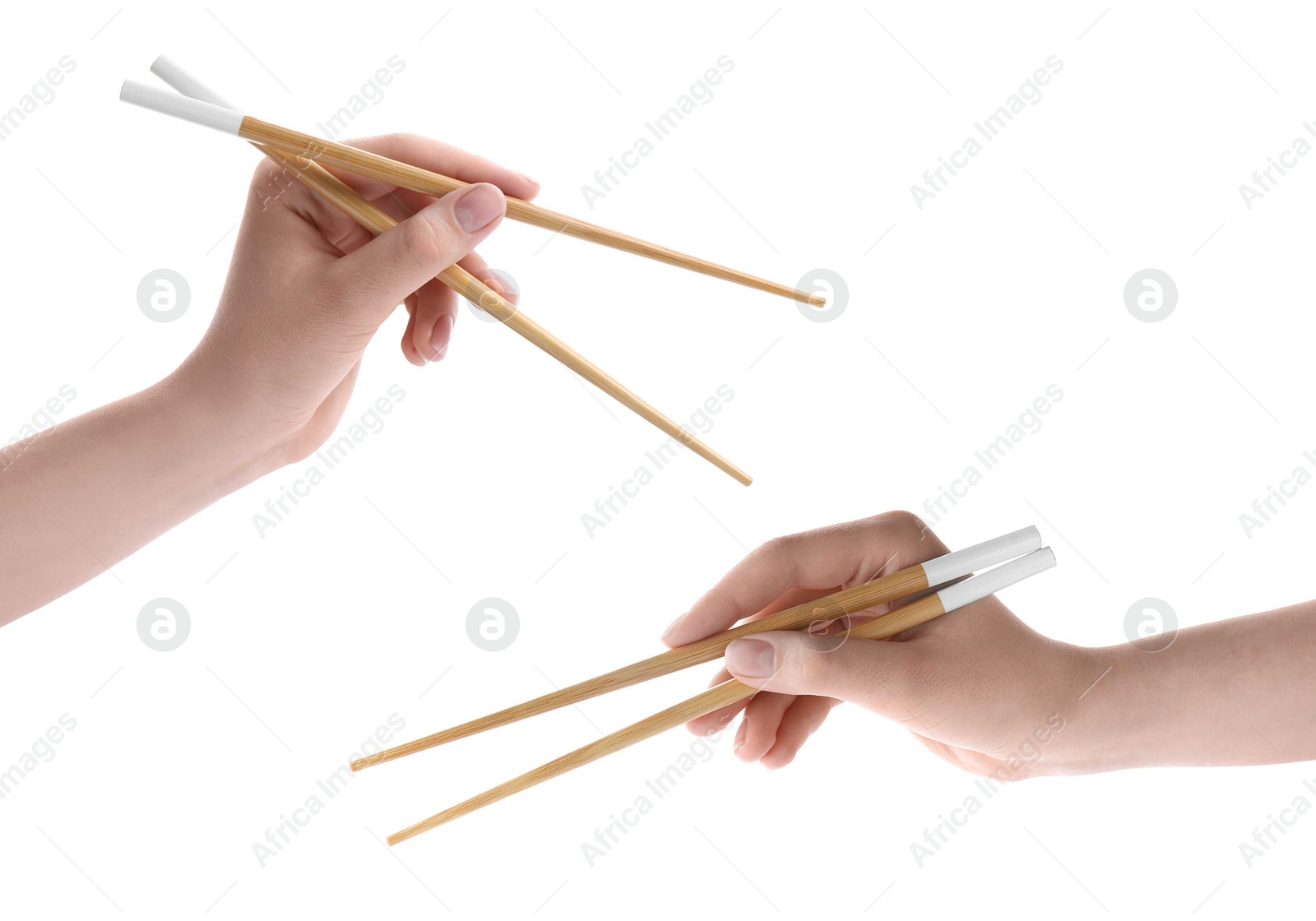 Image of Woman holding chopsticks isolated on white, closeup. Collage with photos