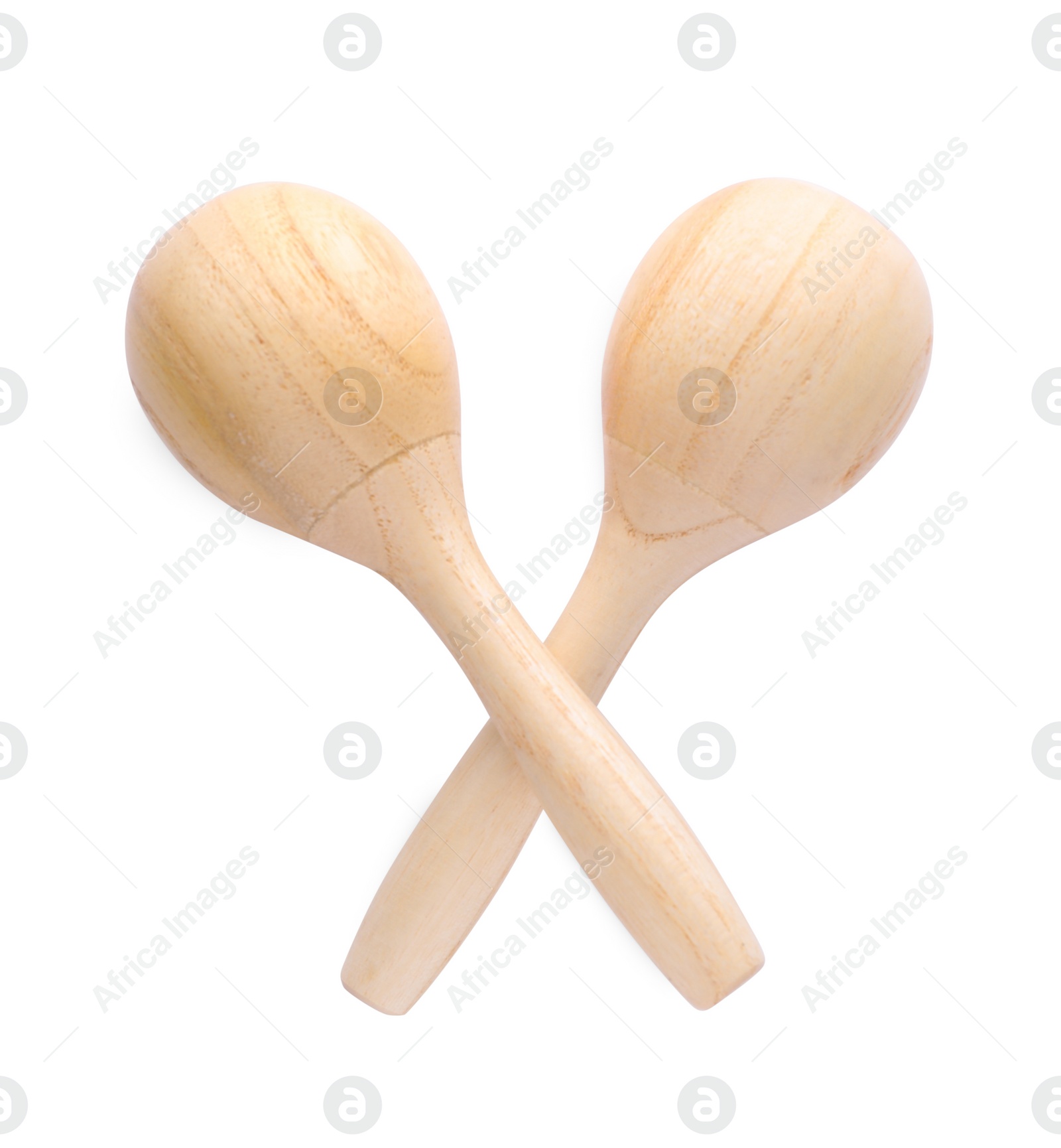 Photo of Wooden maracas isolated on white, top view. Musical instrument