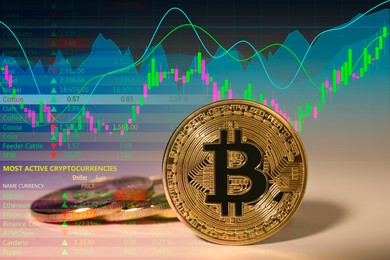 Bitcoins and trading information (graphs and data), double exposure