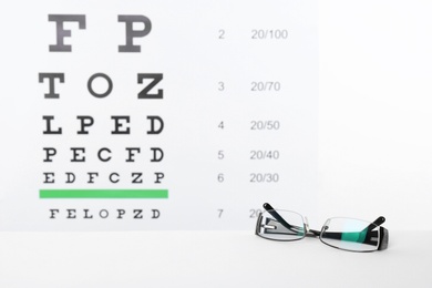 Photo of Glasses with corrective lenses on table against eye chart