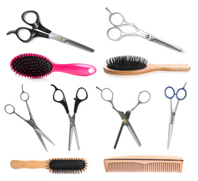 Image of Set of different professional hairdresser scissors, brushes and combs on white background 