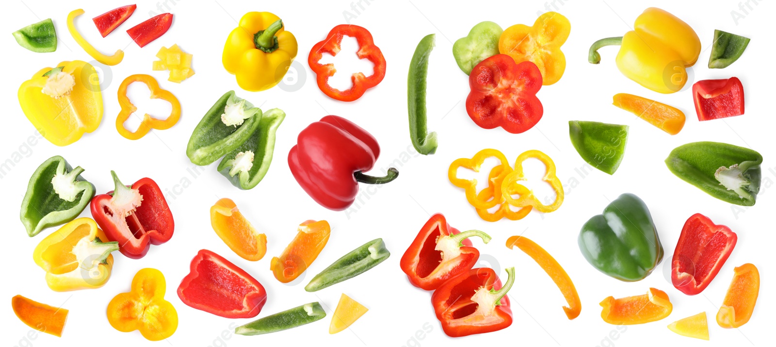 Image of Set of different ripe bell peppers on white background