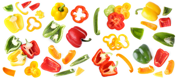 Image of Set of different ripe bell peppers on white background