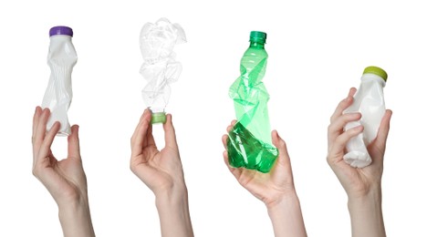 Collage with photos of women holding plastic bottles on white background, closeup 
