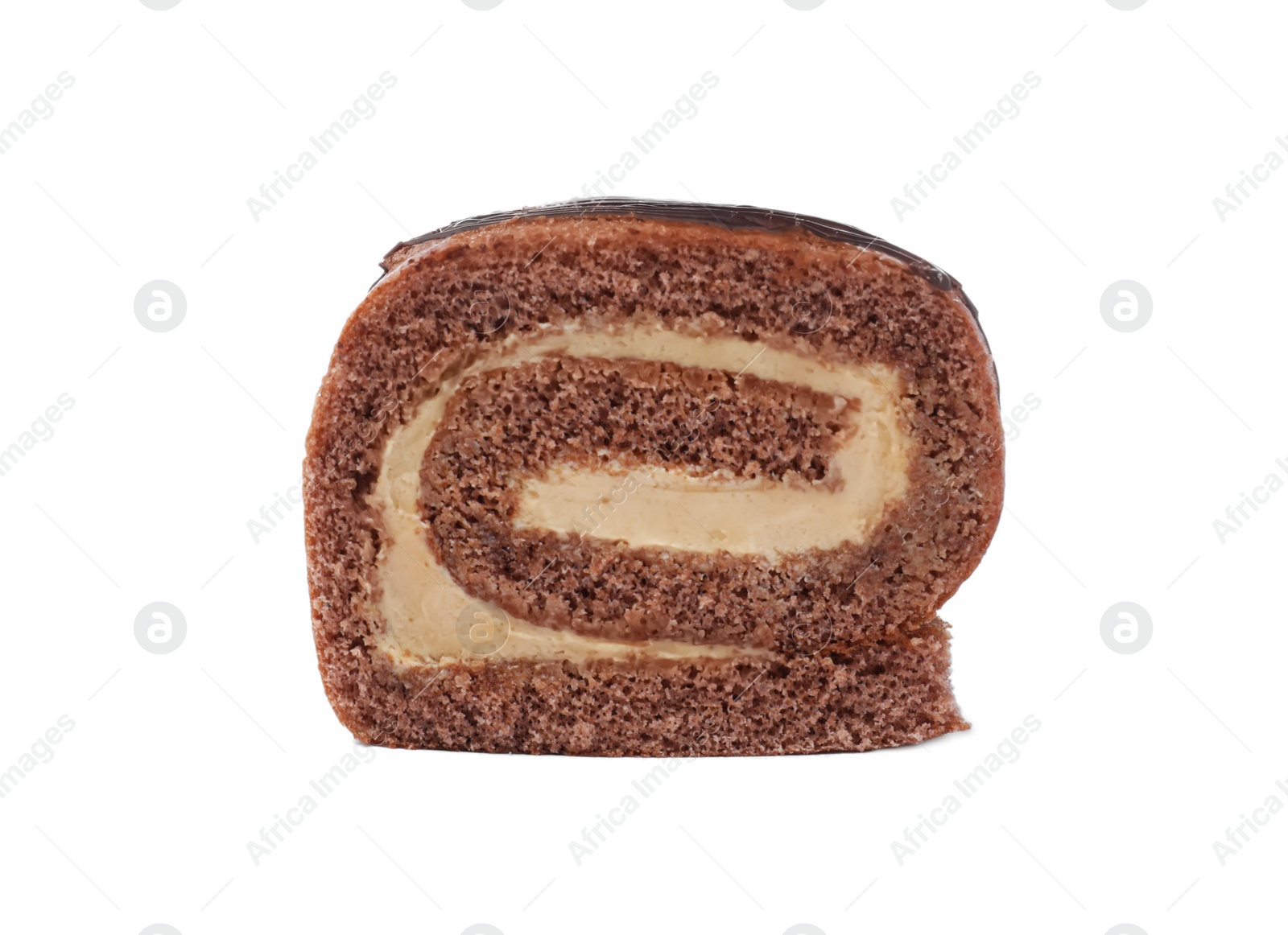 Photo of Tasty chocolate cake roll isolated on white