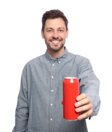 Happy man holding red tin can with beverage on white background