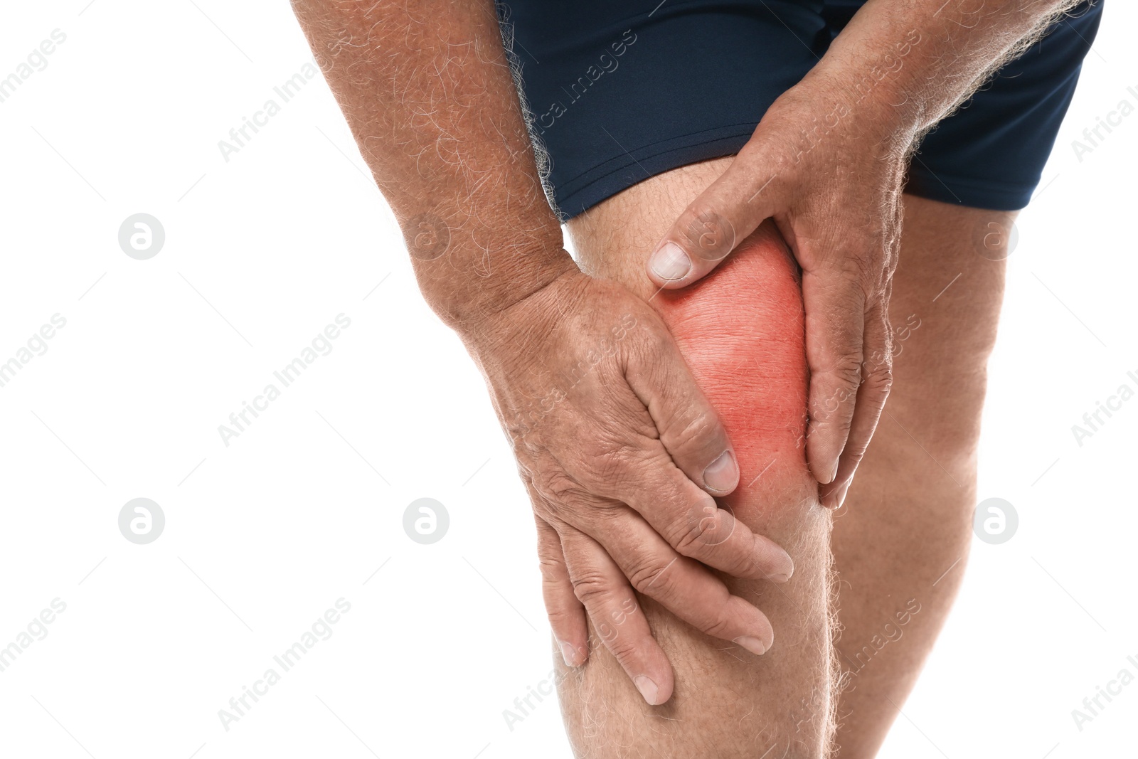 Photo of Senior man having knee problems on white background, closeup
