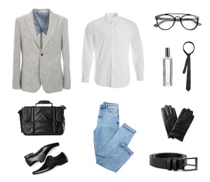 Stylish men's outfit. Collage with modern clothes, gloves and other accessories on white background