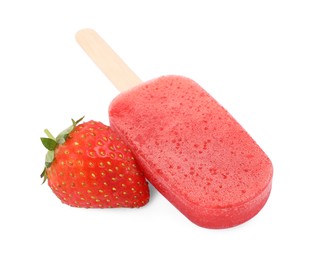 Photo of Tasty strawberry ice pop isolated on white. Fruit popsicle