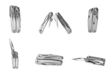 Set with portable multitools on white background