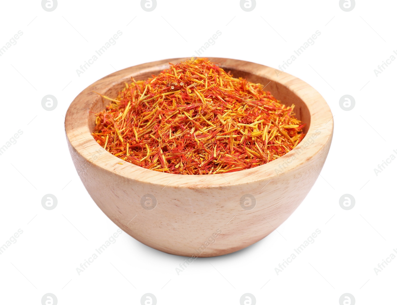 Photo of Aromatic saffron in bowl isolated on white