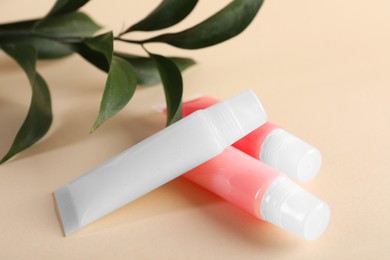 Photo of Different lip balms and branch on beige background, closeup