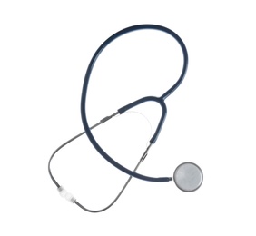 Photo of Stethoscope on white background, top view. Medical device