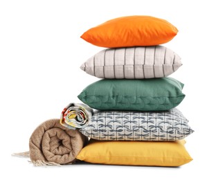 Photo of Stylish soft pillows and blankets on white background