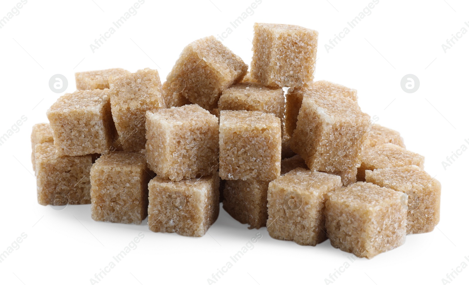 Photo of Many brown sugar cubes isolated on white