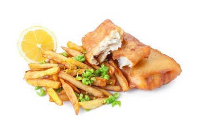 Photo of Tasty fish, chips, lemon and peas isolated on white