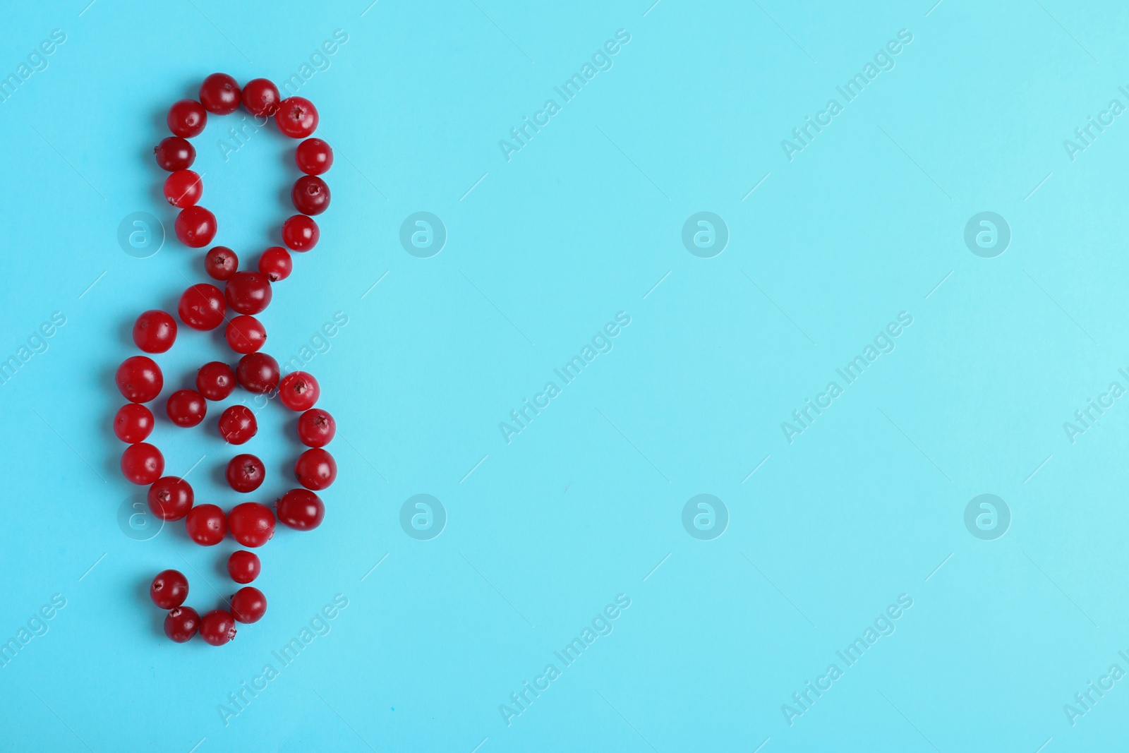 Photo of Treble clef made of cranberries on color background, top view with space for text. Musical notes