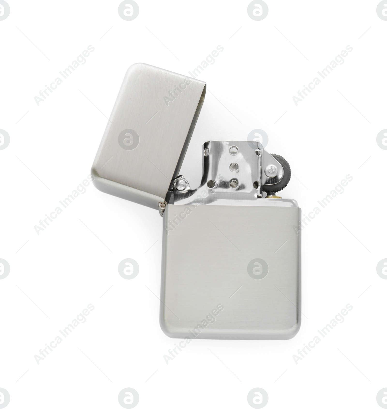 Photo of Gray metallic cigarette lighter isolated on white, top view