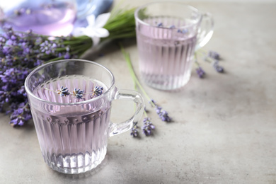 Photo of Fresh delicious drink with lavender in glass cup on grey table. Space for text