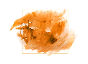 Image of Blot of orange watercolor paint and frame on white background