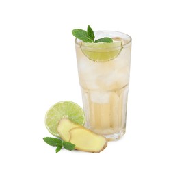Photo of Glass of tasty ginger ale with ice cubes and ingredients isolated on white