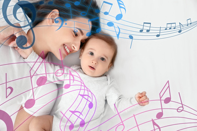 Image of Flying music notes and young mother with her cute baby lying on bed, top view. Lullaby songs 